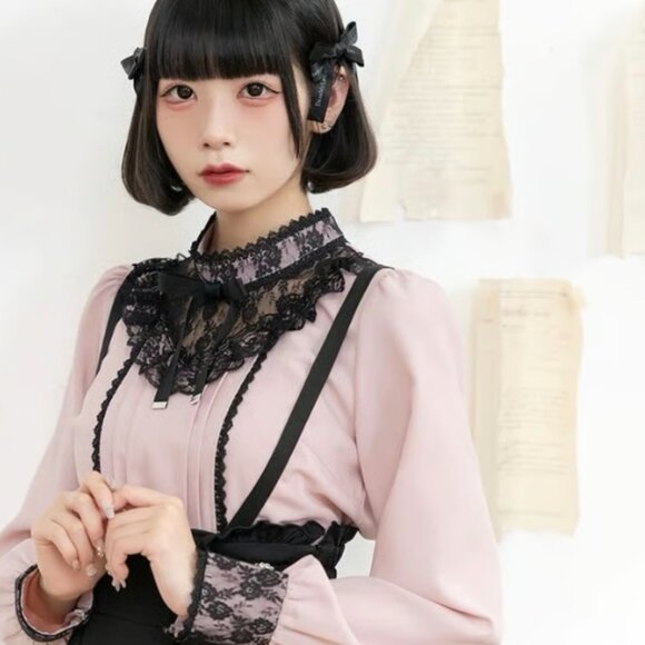 Dear My Love Pink and Black Jirai Long Sleeve Mock High Collar Yoke Lace Blouse - Picture 3 of 5